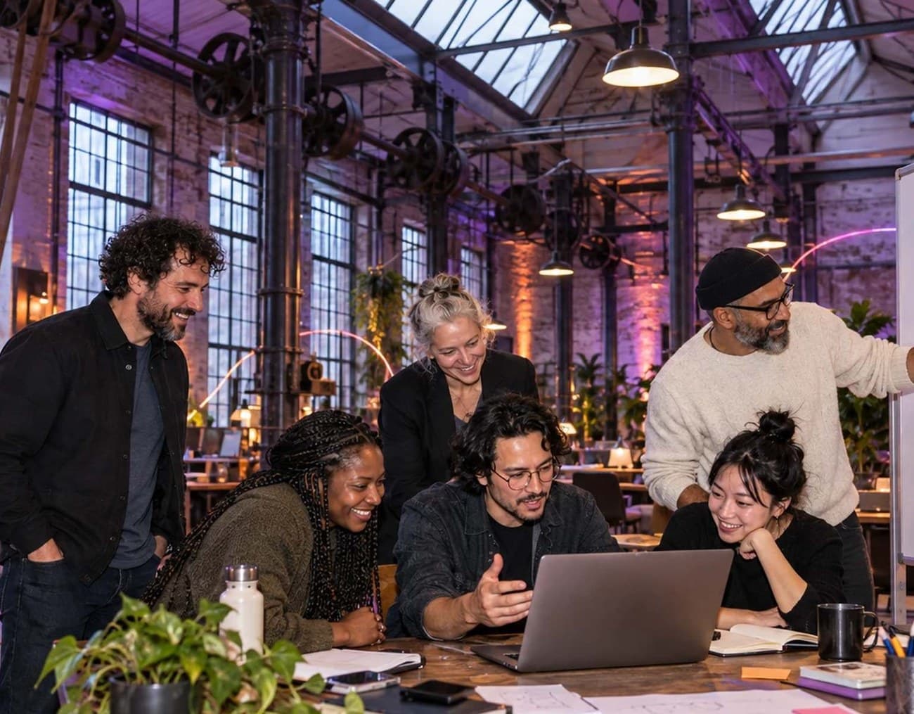 A team around a laptop while a colleague draws a plan on a whiteboard